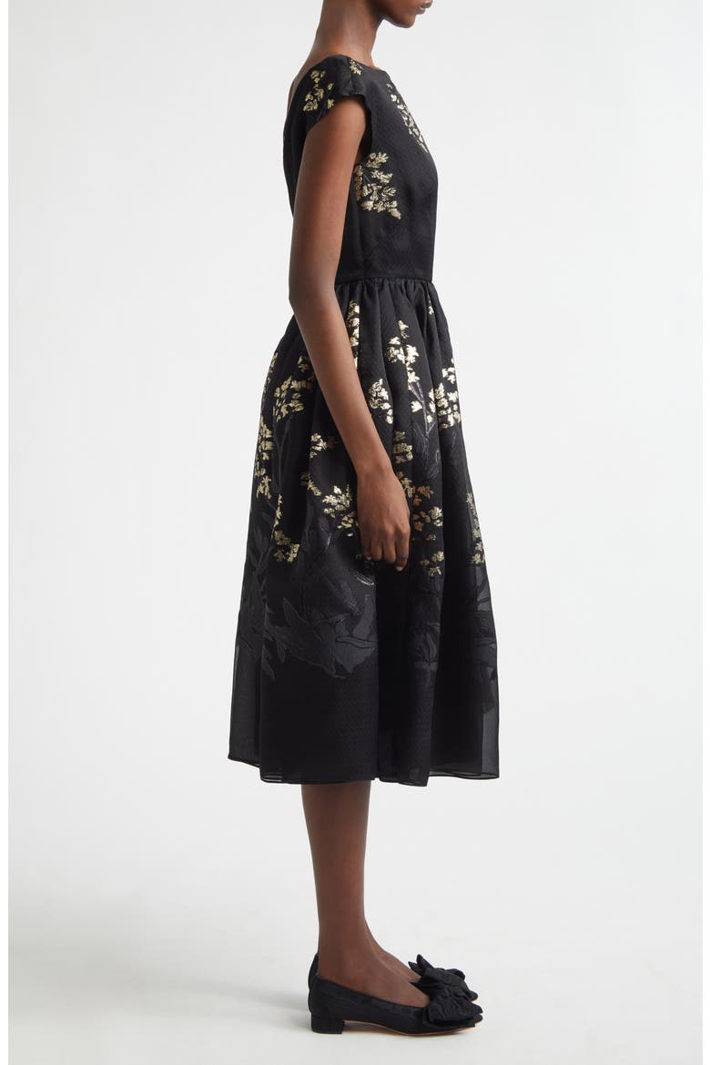 Floral Brocade Cap Sleeve Midi Dress, Alternate, color, BLACK