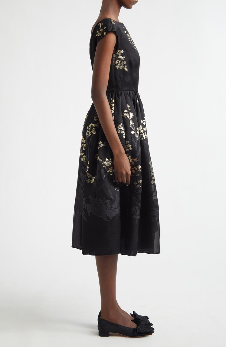 Erdem Floral Brocade Cap Sleeve Midi Dress, Alternate, color, Black