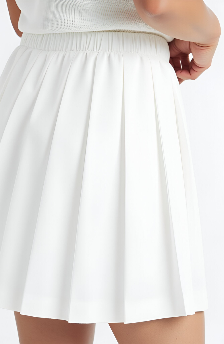 Modenaire Pleated Mini Skirt with Elastic Waistband in Structured Woven Fabric, Alternate, color, 
