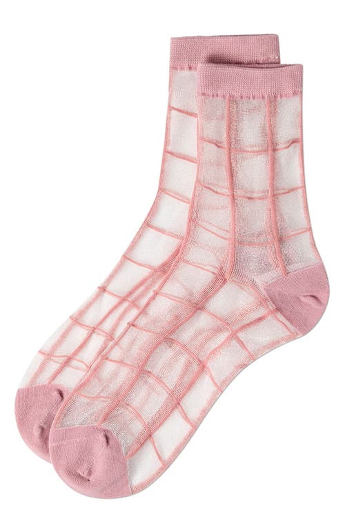 Memoi Sheer Plaid Ankle Socks In Pink