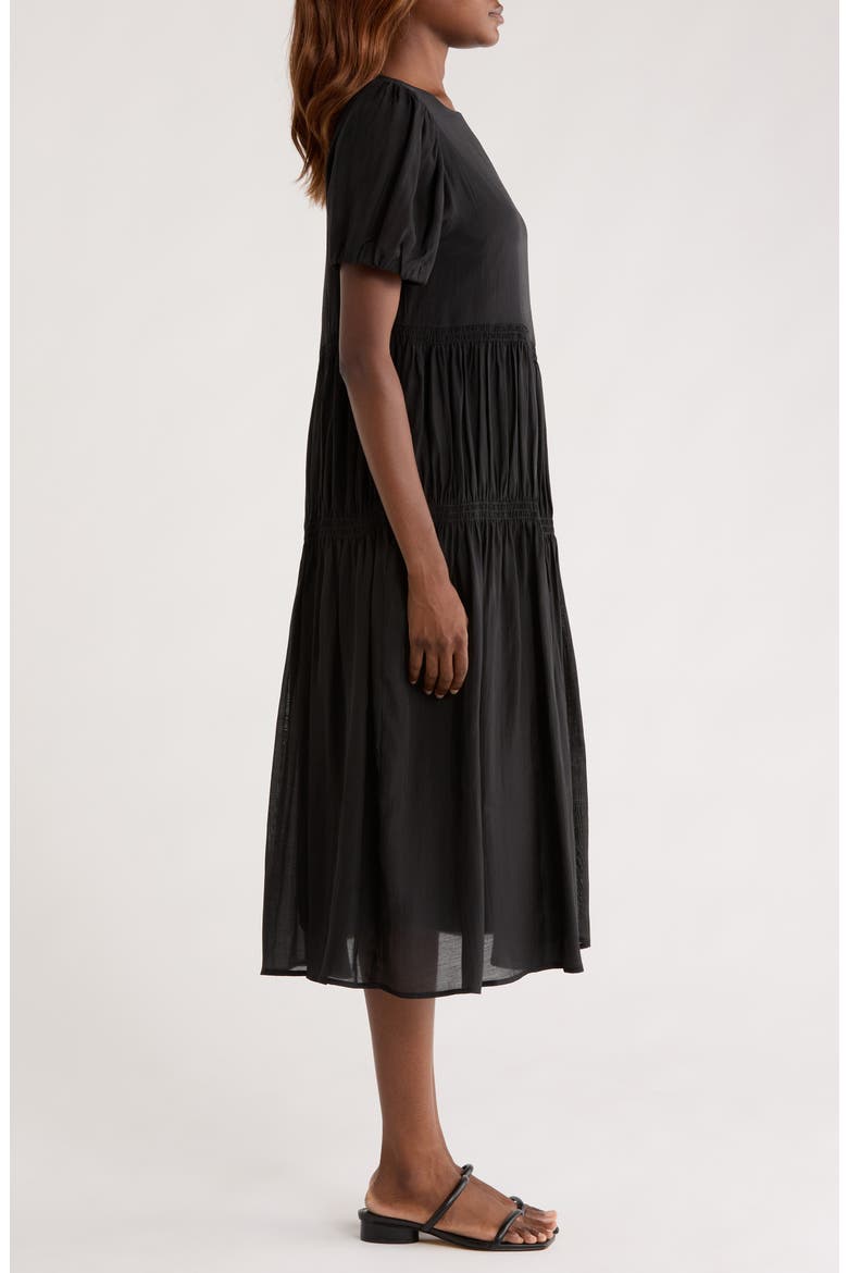 Puff Sleeve Smocked Tiered Midi Dress, Alternate, color, BLACK