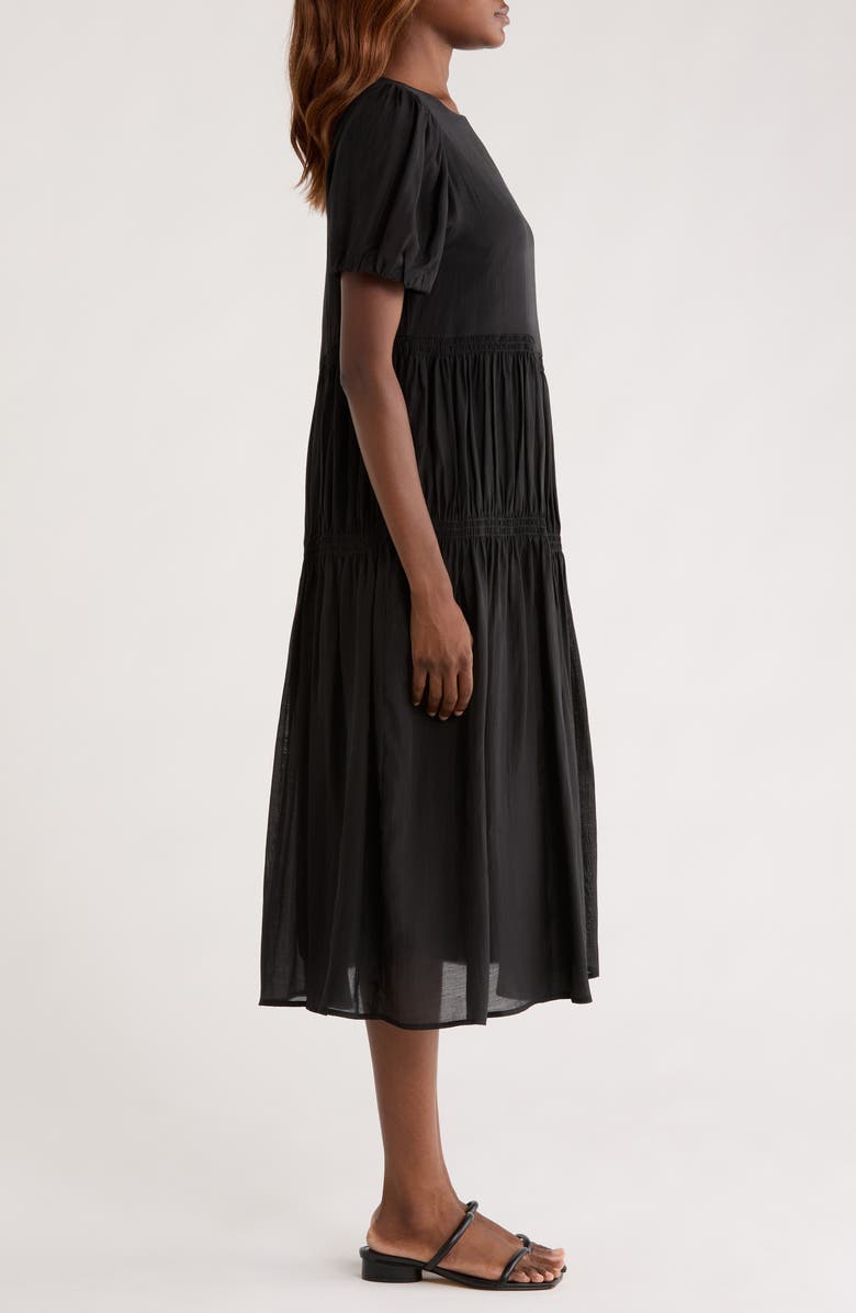 MELLODAY Puff Sleeve Smocked Tiered Midi Dress, Alternate, color, Black