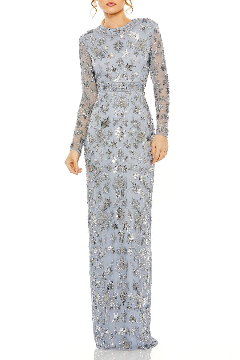 High Neck Long Sleeve Embellished Column Gown, Main, color, SLATE BLUE