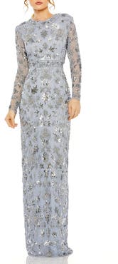 Mac Duggal High Neck Long Sleeve Embellished Column Gown