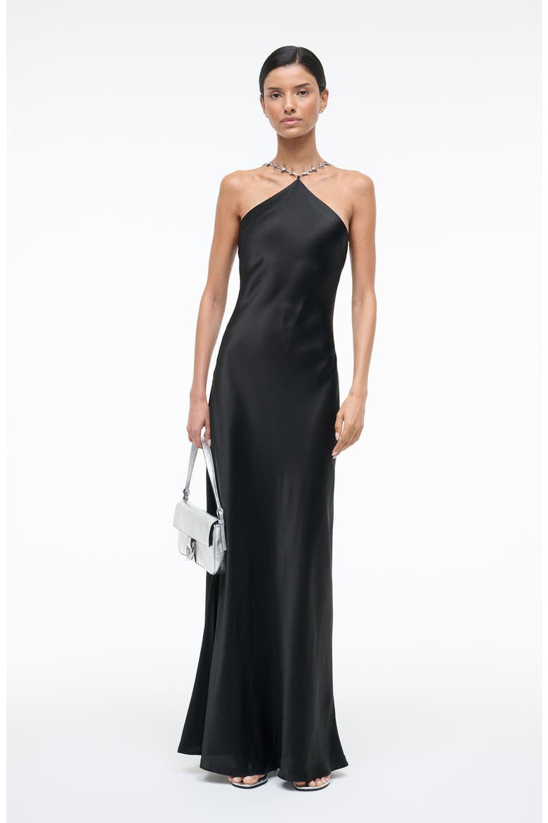 Cadence Shark Tooth Strap Satin Maxi Dress, Alternate, color, BLACK