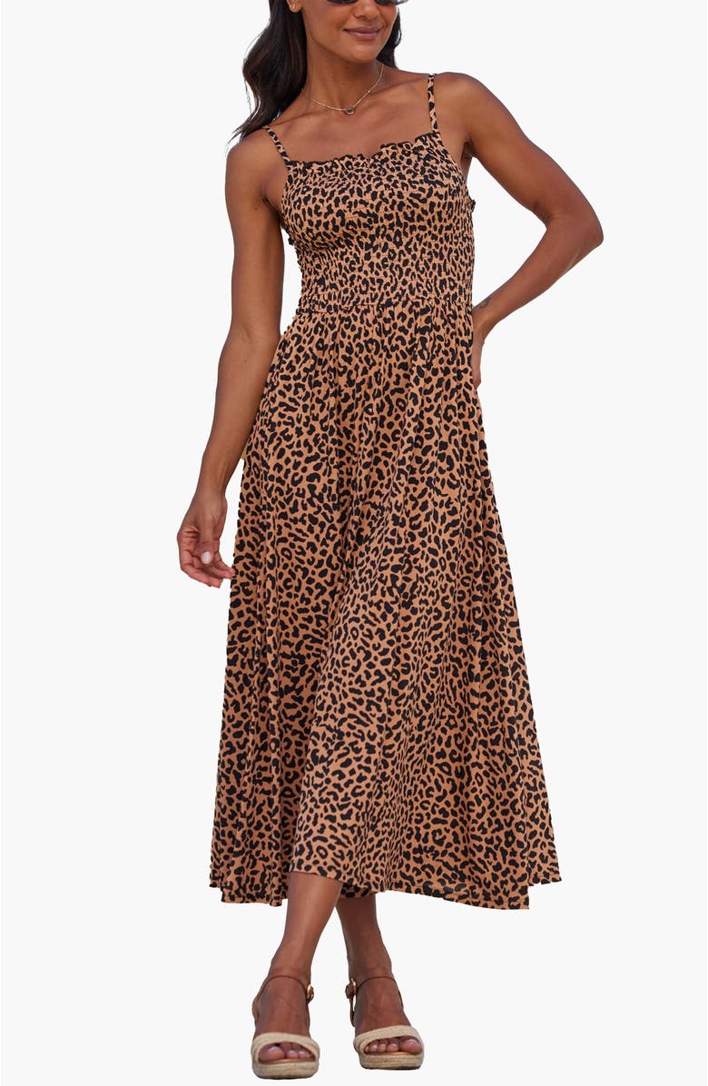 LASCANA Women's Smocked Print Dress, Main, color, Leopard