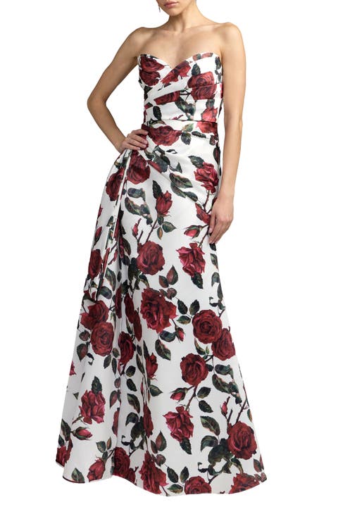 Floral Strapless Satin Gown With Bow