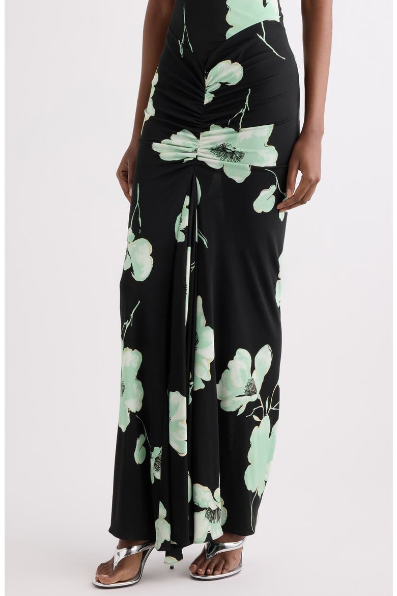 Floral Print Ruched Jersey Dress, Alternate, color, NOIR/ AQUA