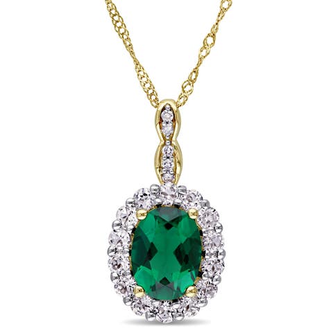 Gemstone & Diamond Oval Halo Necklace 14K