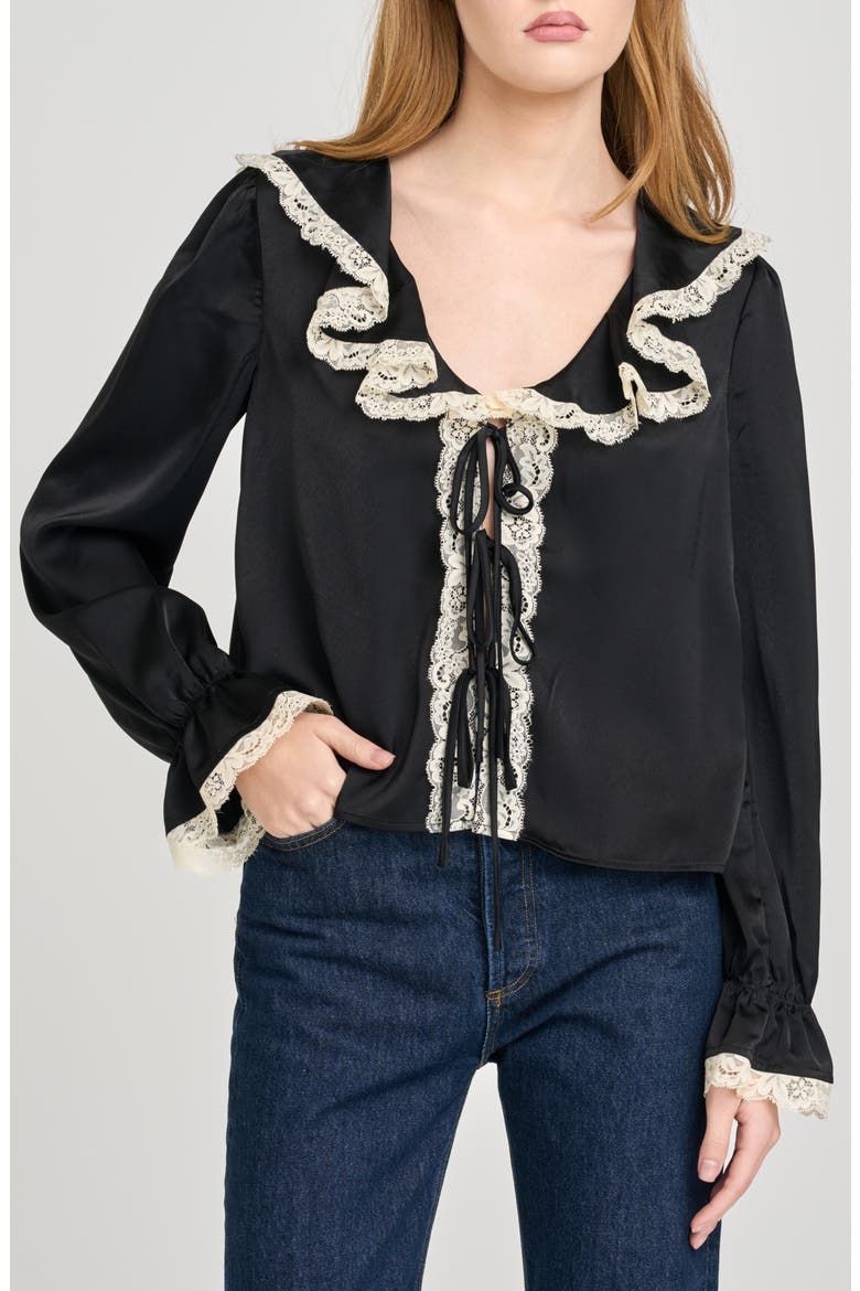 Lacy Long Sleeve Tie Front Top, Main, color, BLACK