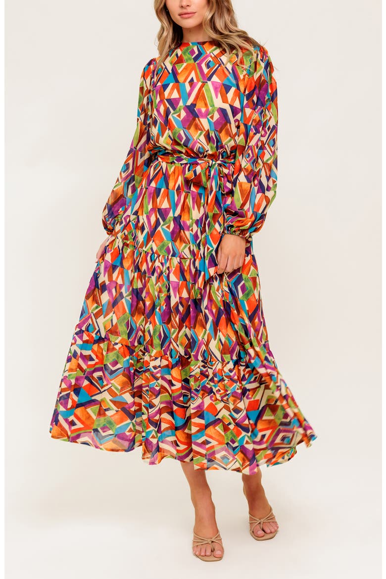Print Long Sleeve Tiered Midi Dress, Alternate, color, PLUM MATCHA