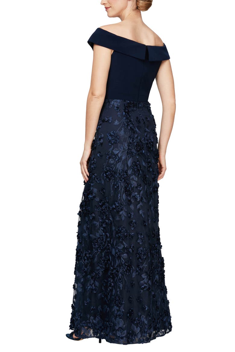 Mixed Media Off the Shoulder Gown, Alternate, color, NAVY