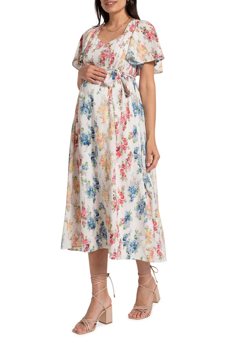 Floral Flutter Sleeve Maternity/Nursing Midi Dress, Alternate, color, FLORAL