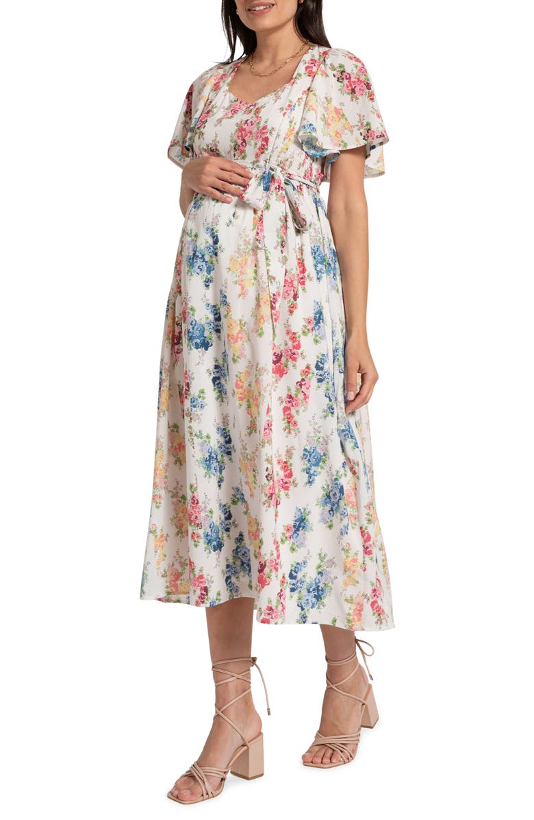 Seraphine Floral Flutter Sleeve Maternity/Nursing Midi Dress, Alternate, color, 