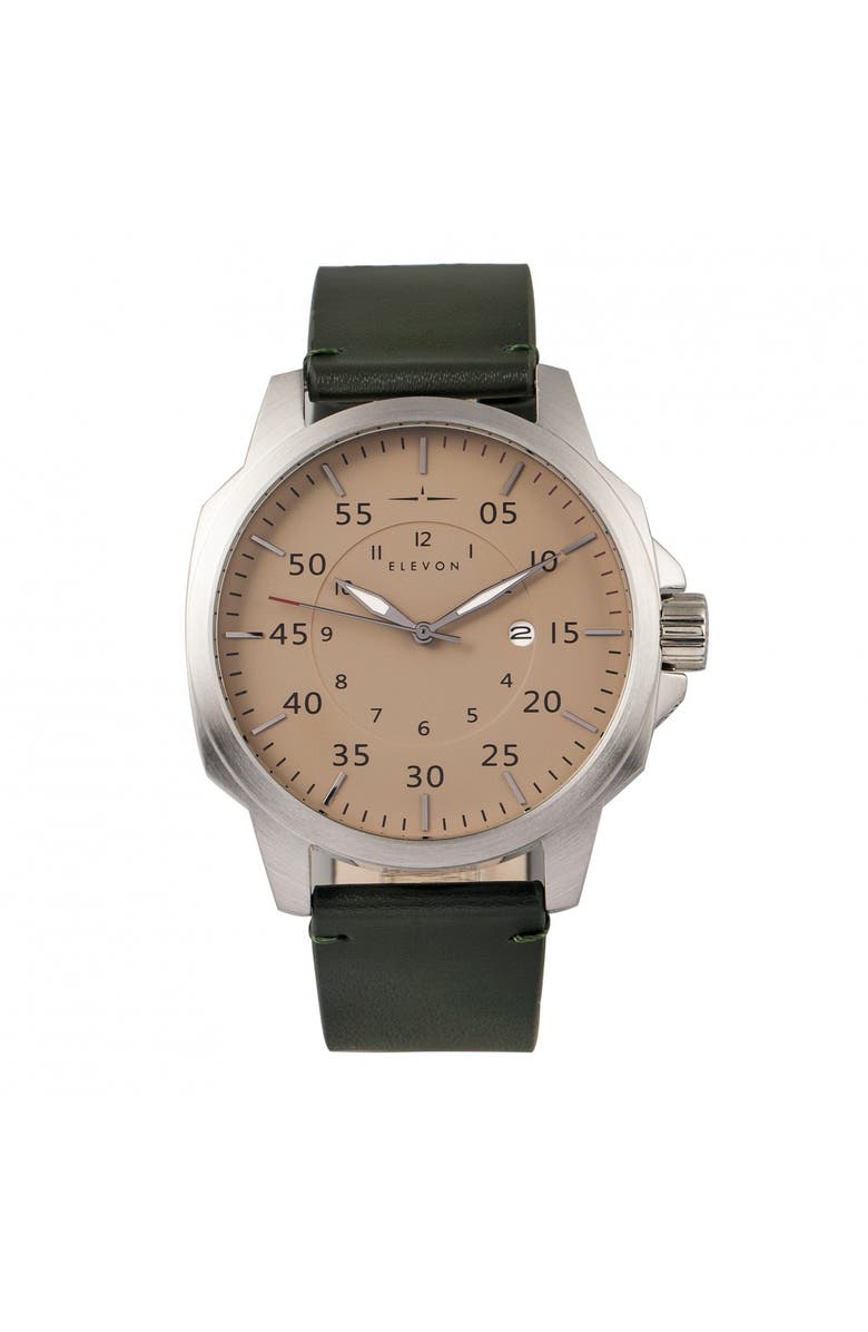 Elevon Hughes Leather-Band Watch w/ Date, Main, color, Silver/Green