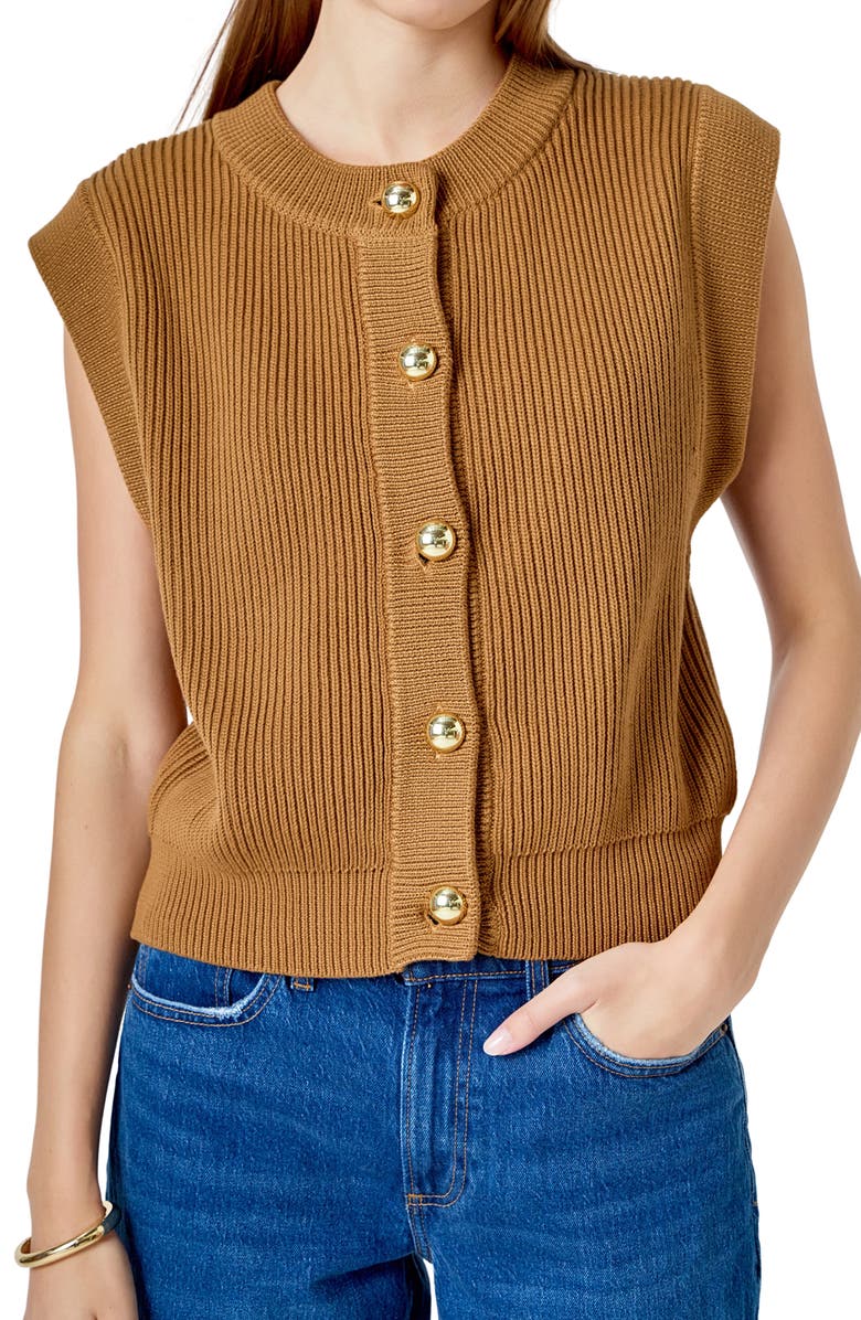 Endless Rose Rib Button Front Sweater Vest, Alternate, color, Camel