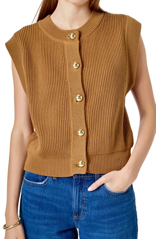 Endless Rose Rib Button Front Sweater Vest In Brown