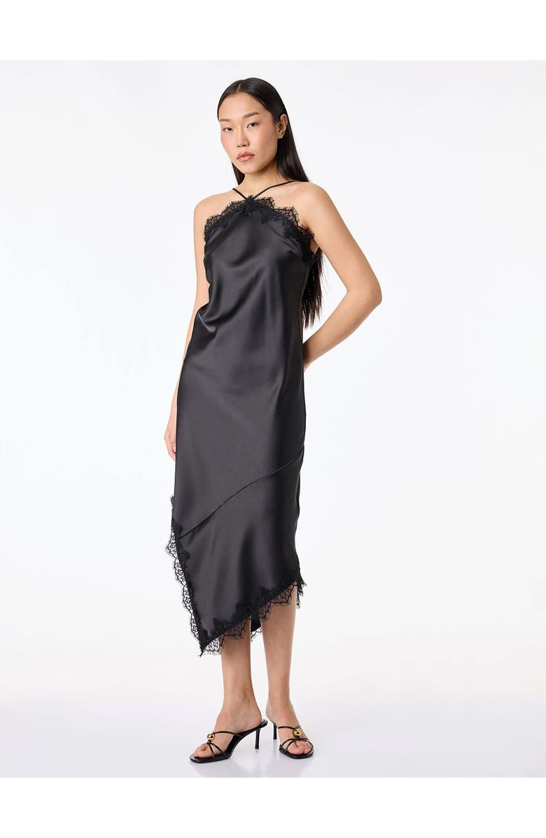 ZDNU 81041892 Asymmetric Lace Trim Satin Slip Dress, Main, color, Black
