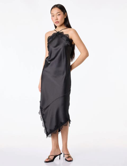 Asymmetric Lace Trim Satin Slip Dress