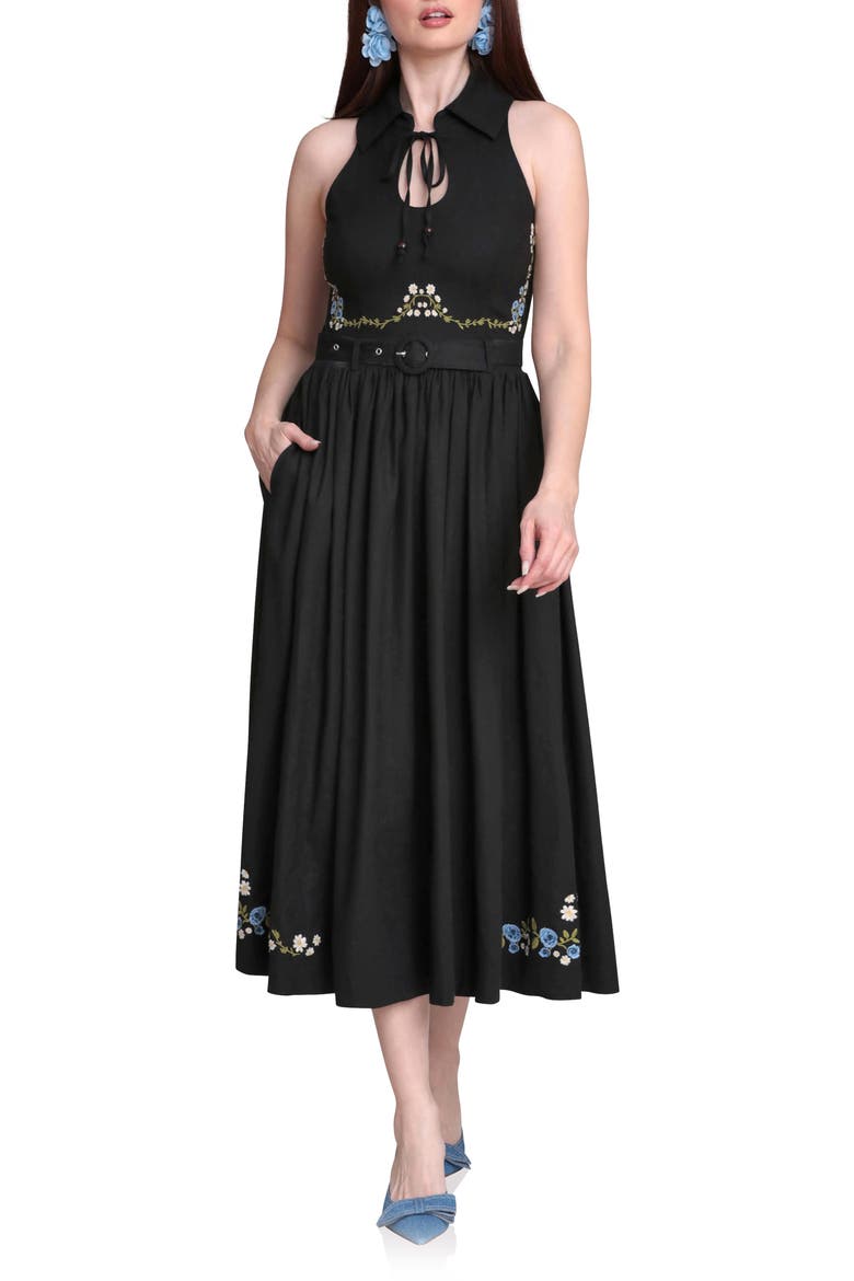 Placed Floral Embroidery DRess, Main, color, BLACK
