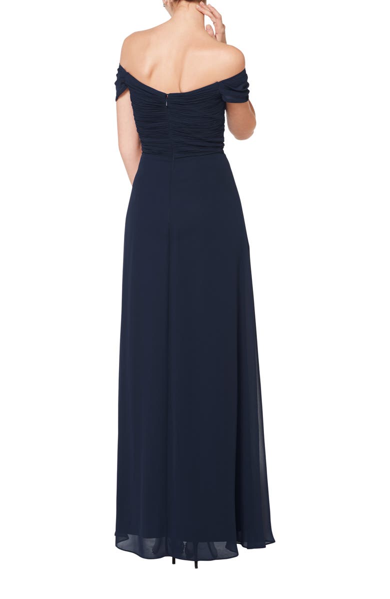#Levkoff Off the Shoulder Chiffon A-Line Gown, Alternate, color, Navy