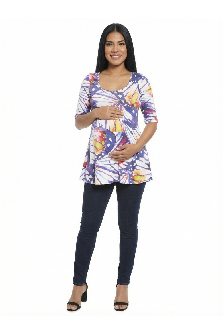 Maternity Butterfly Scoop Neck Elbow Sleeve Tunic Top, Main, color, Purple Multi