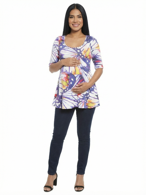 Maternity Butterfly Scoop Neck Elbow Sleeve Tunic Top