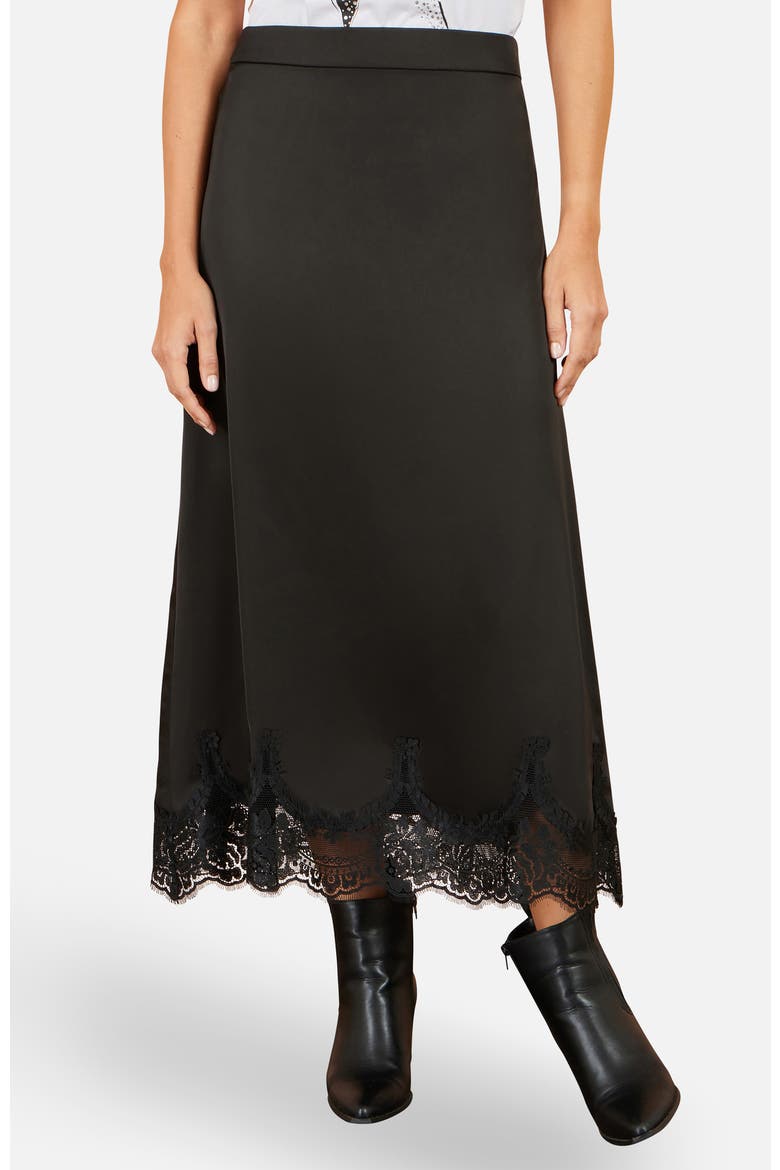 Lace Trim Satin Midi Skirt, Main, color, Black