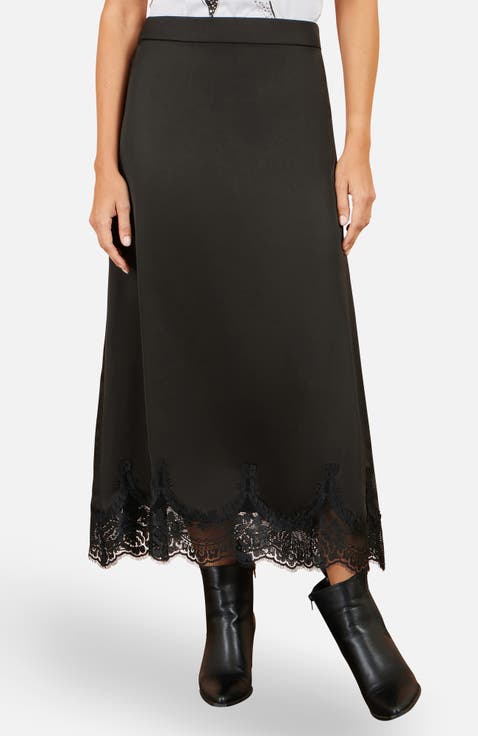 Lace Trim Satin Midi Skirt