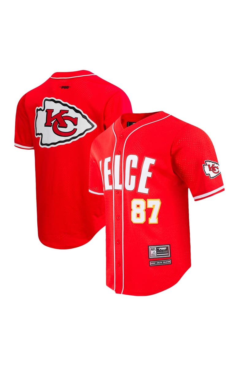 PRO STANDARD Men's Pro Standard Travis Kelce Red Kansas City Chiefs Mesh Button-Up Baseball Jersey, Alternate, color, Red