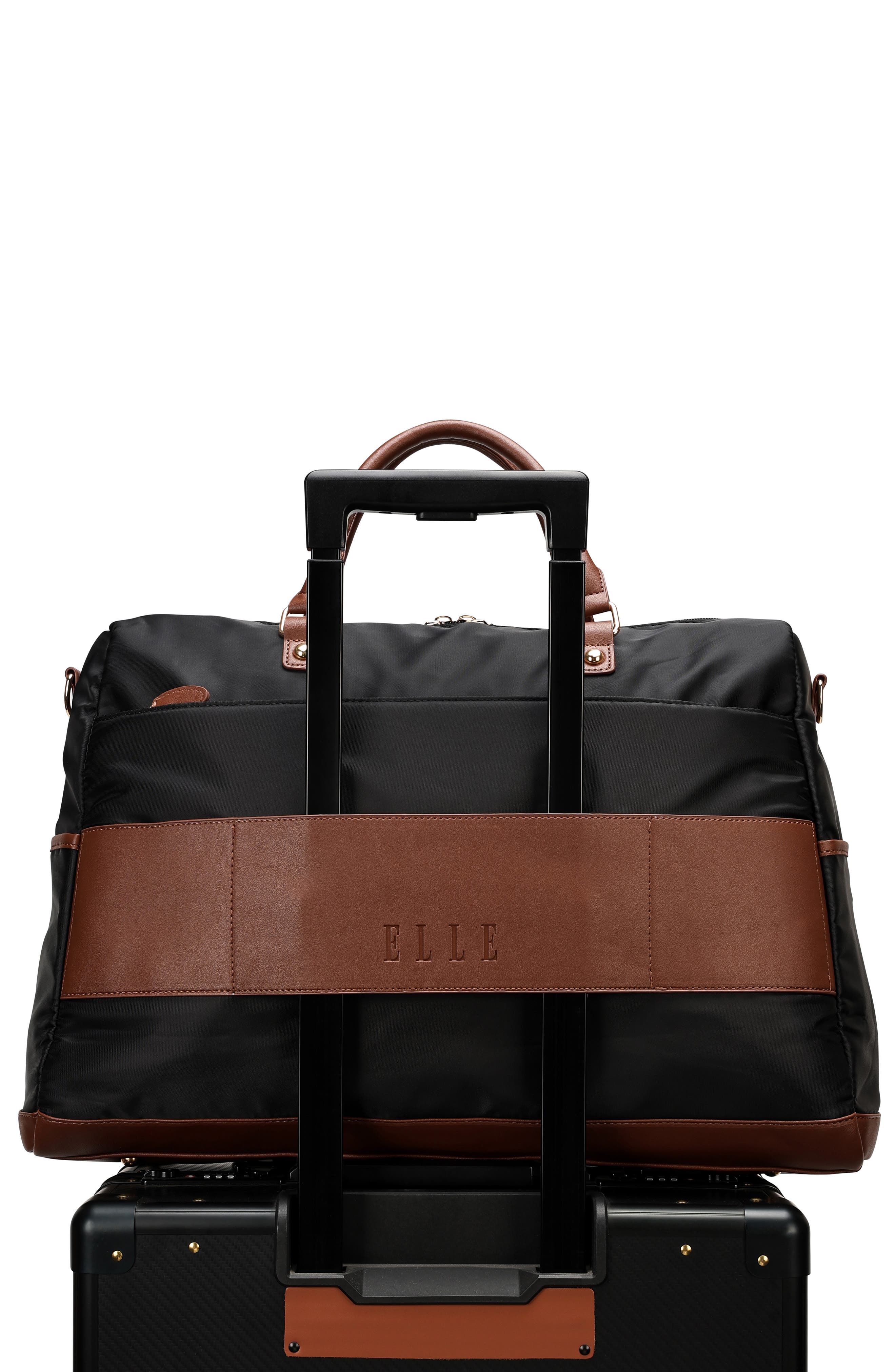 ELLE Luxe Journey 30L Twill and Vegan Leather Weekender Duffel Bag, Alternate, color, Black