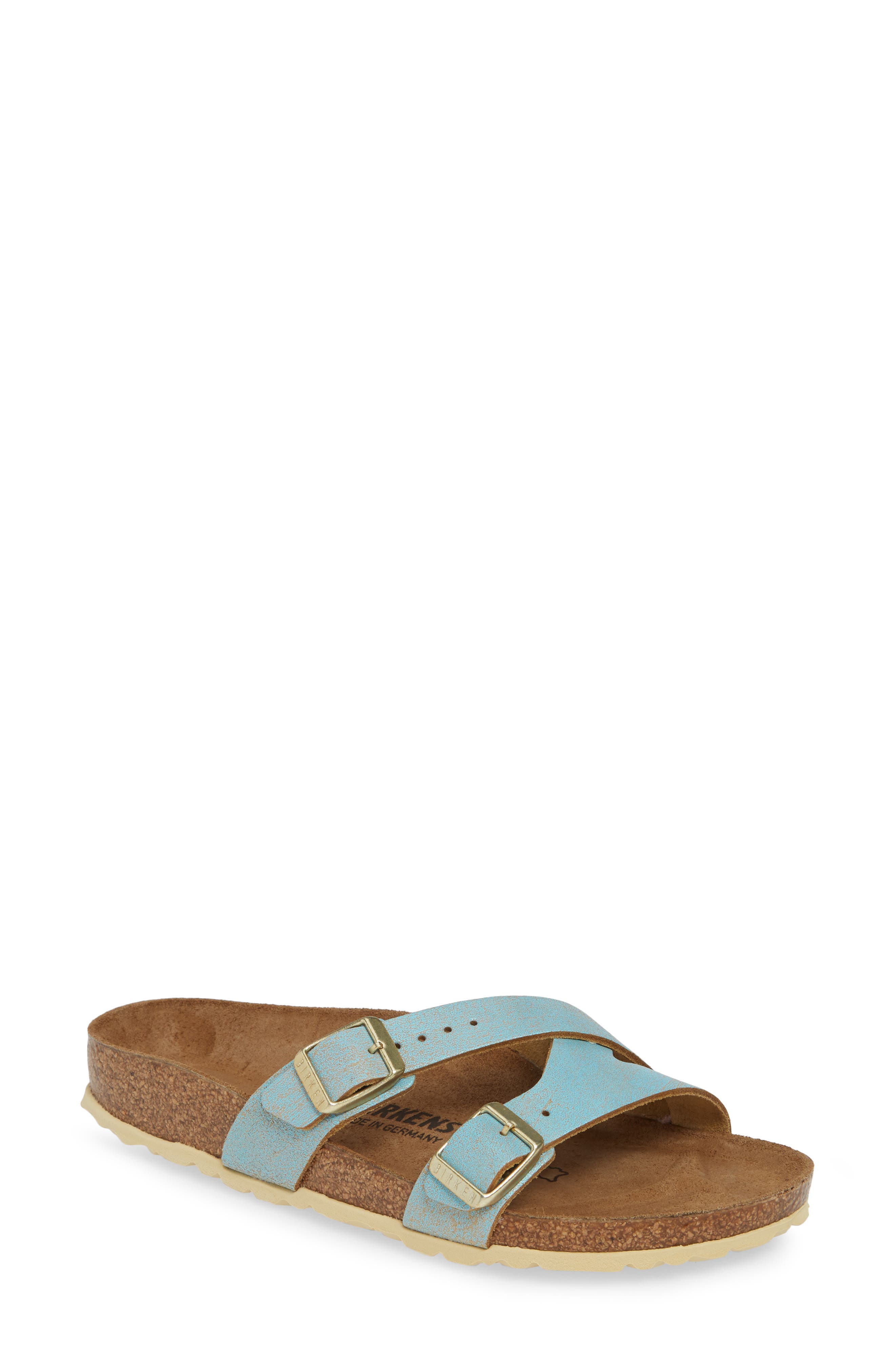 Yao Metallic Slide Sandal, Main, color, WASHED METALLIC AQUA LEATHER