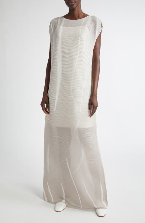 Charcoal Print Plissé Semisheer Maxi Dress