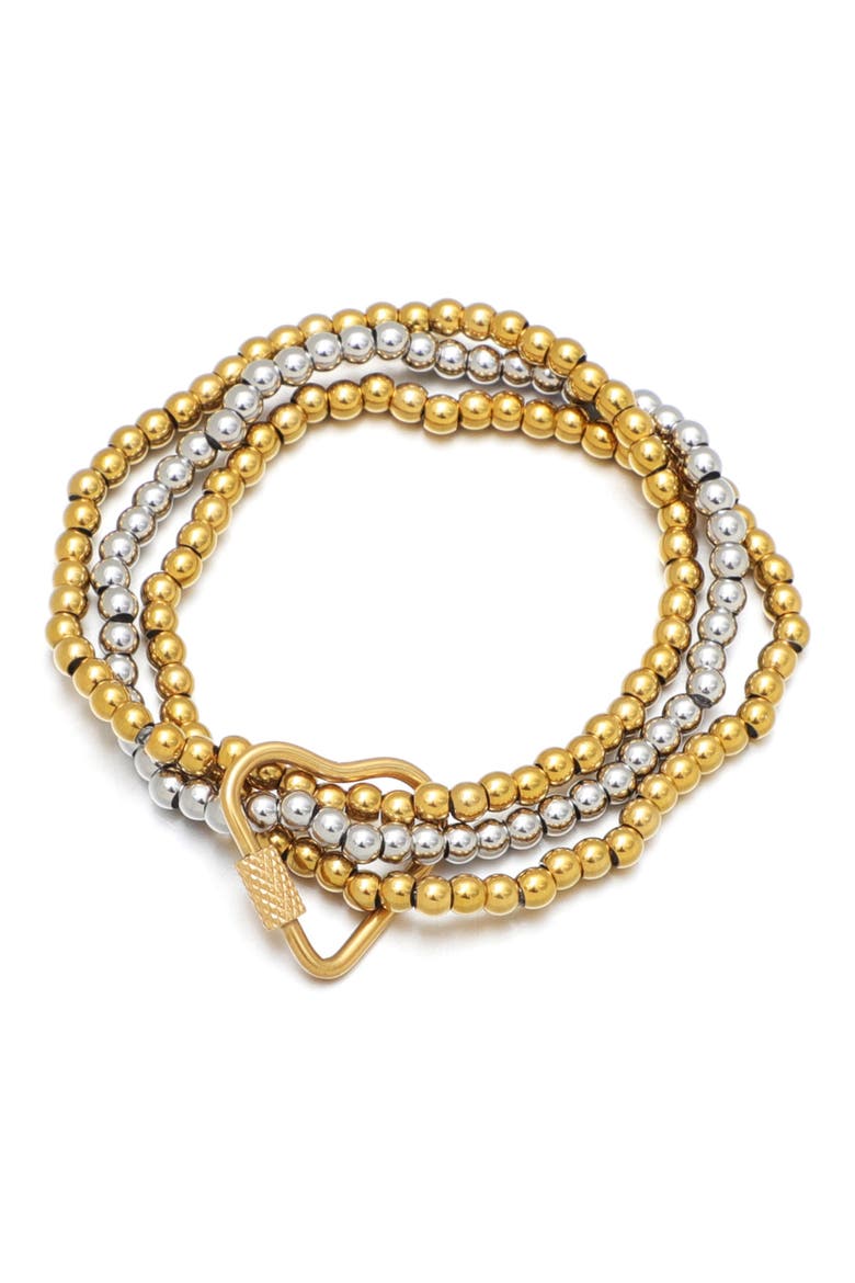 Set of 3 Two-Tone Heart Carabiner Beaded Stretch Bracelets, Main, color, GOLD/ SILVER