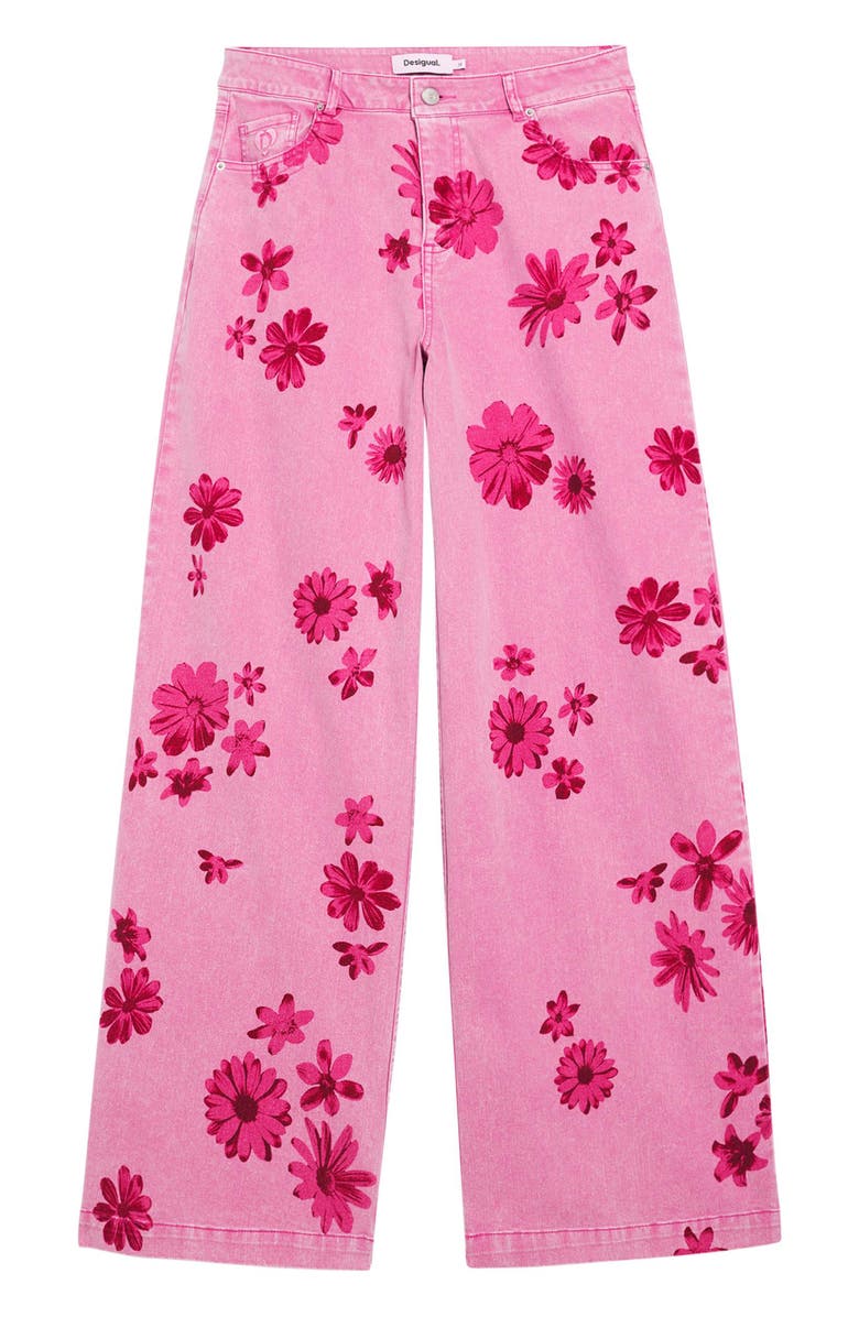 Desigual Floral Print Wide Leg Jeans, Alternate, color, Light Pink