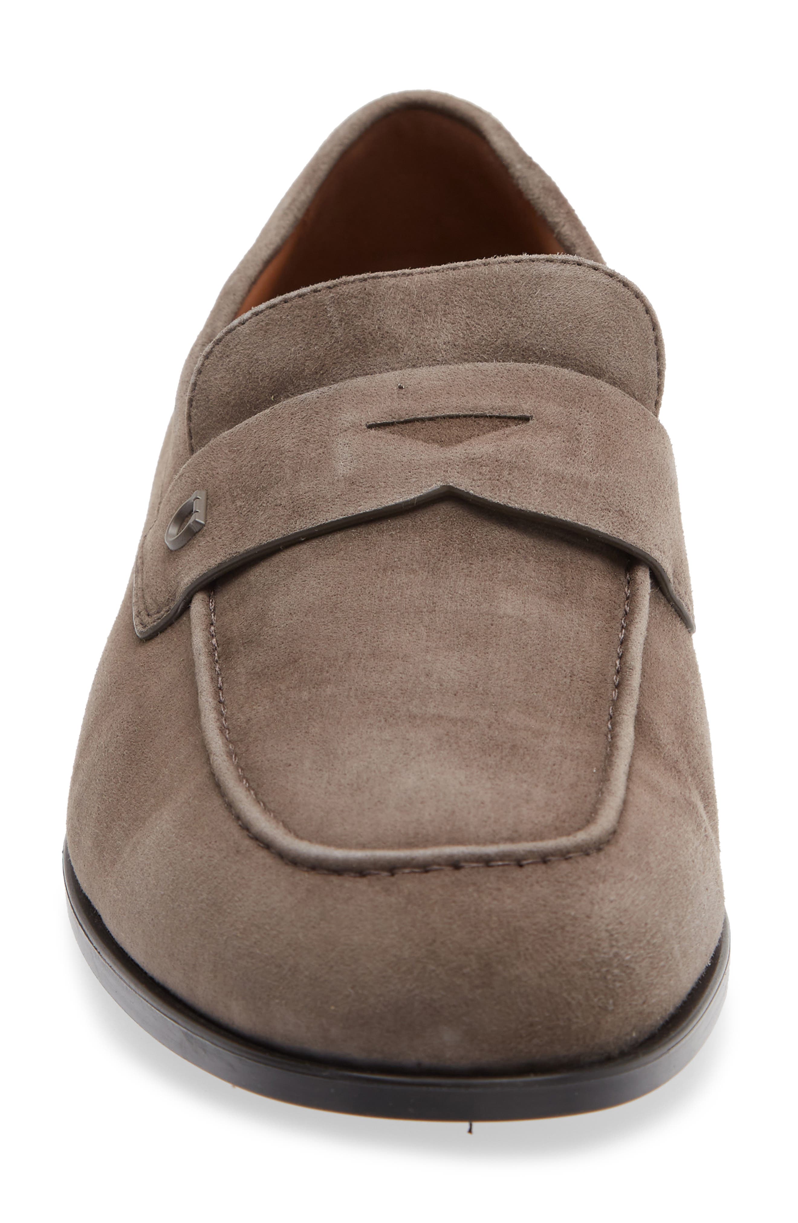 FERRAGAMO Tiberio Suede Penny Loafer, Alternate, color, Elefante Nutmeg