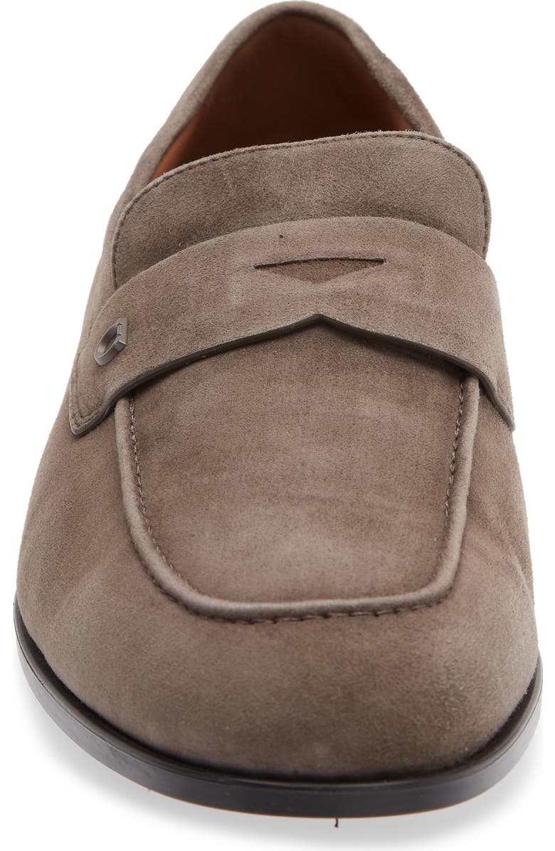 FERRAGAMO Tiberio Suede Penny Loafer, Alternate, color, Elefante Nutmeg