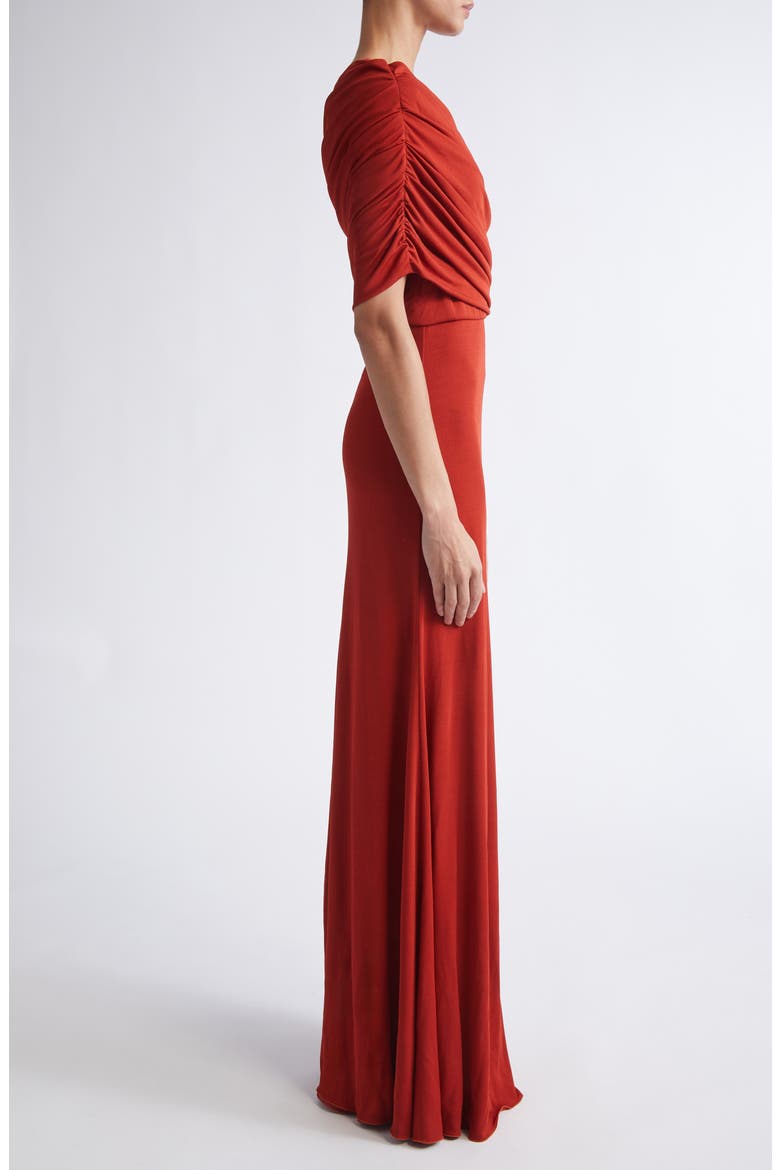 Ruched One-Shoulder Knit Gown, Alternate, color, BRICK