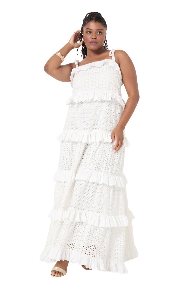 June + Vie Eyelet Tiered Maxi Dress, Main, color, Sugar Swizzle