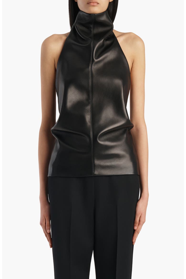 Rone Funnel Neck Leather Halter Top, Main, color, BLACK
