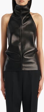 Khaite Rone Funnel Neck Leather Halter Top