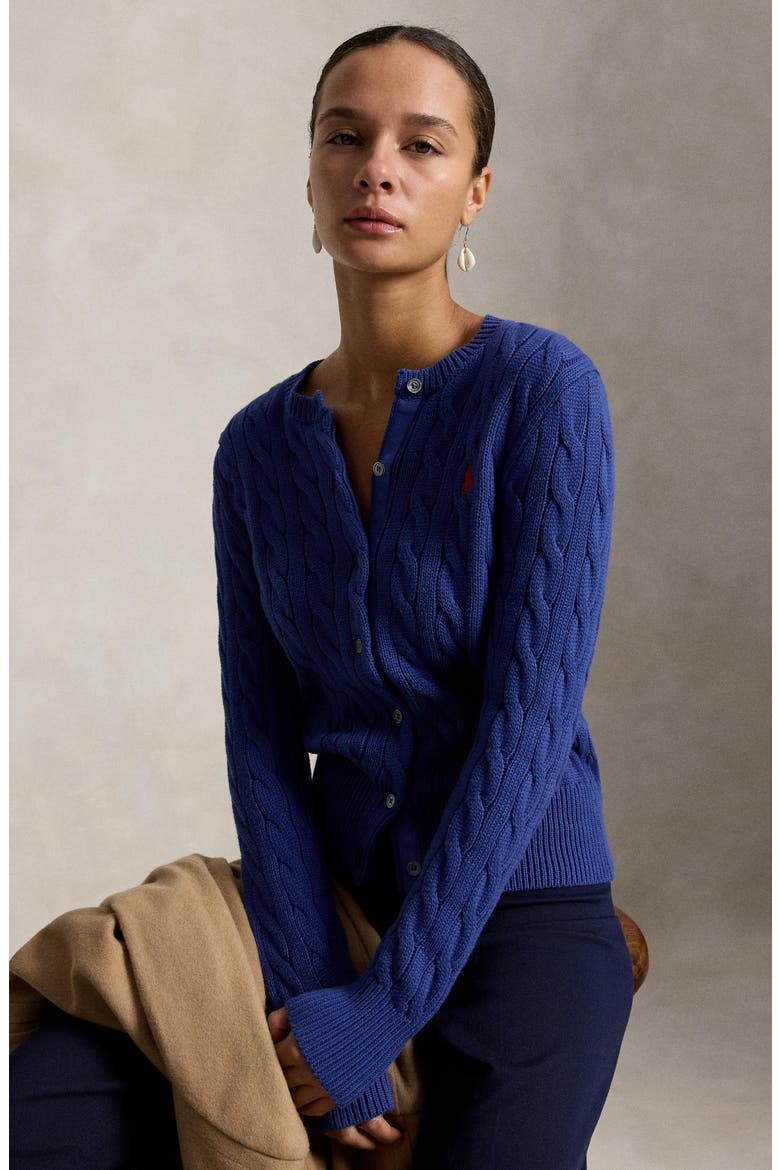 Cable Knit Cotton Crewneck Cardigan, Alternate, color, CHARTER BLUE