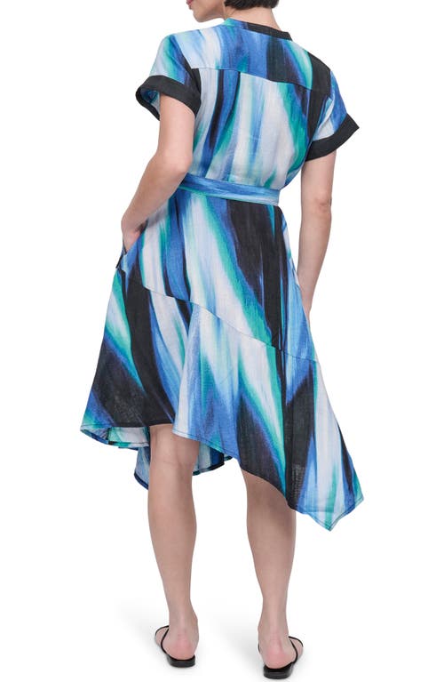 Dkny Print Tie Waist Linen Midi Dress In Blue