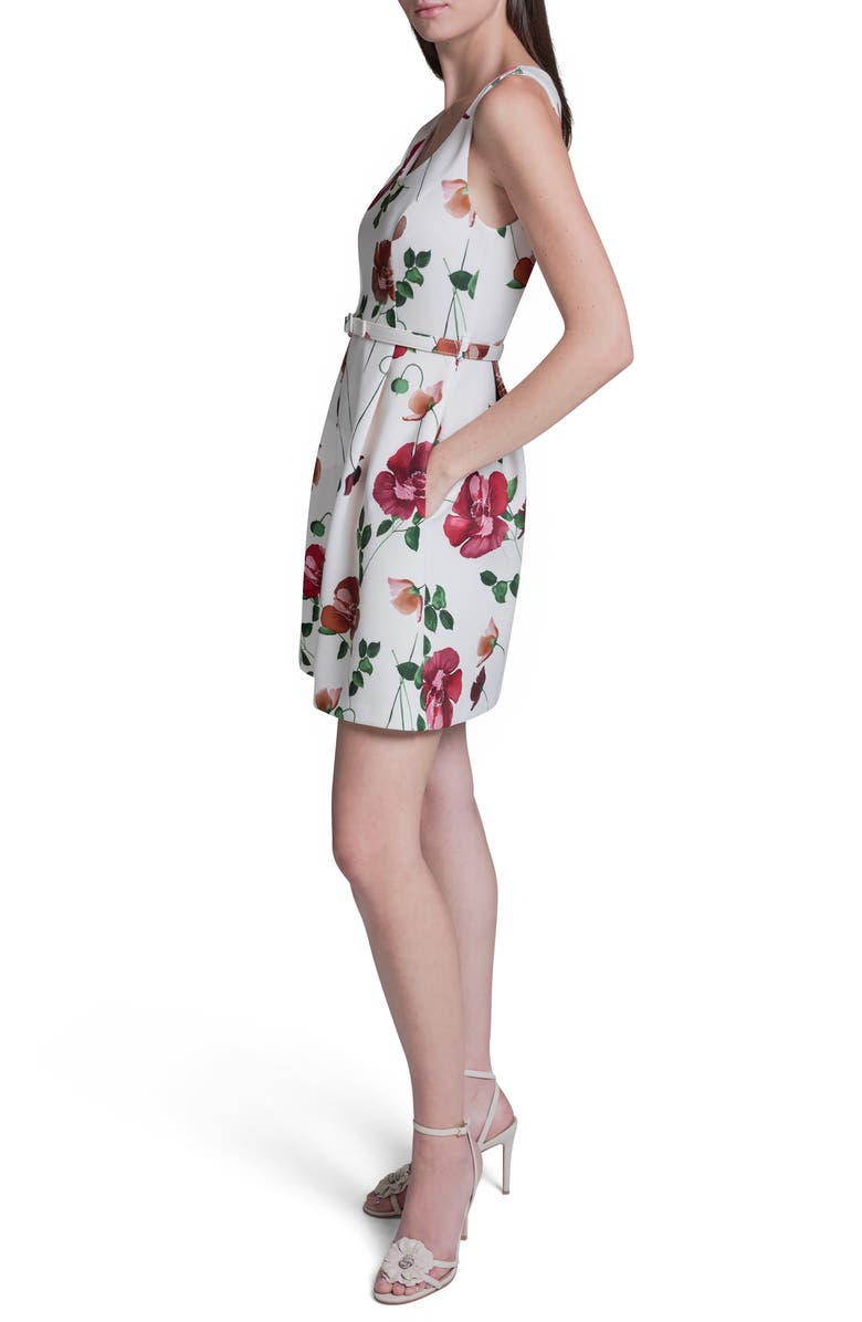 BCBG Floral Scuba Fit & Flare Minidress, Alternate, color, Ecru Multi