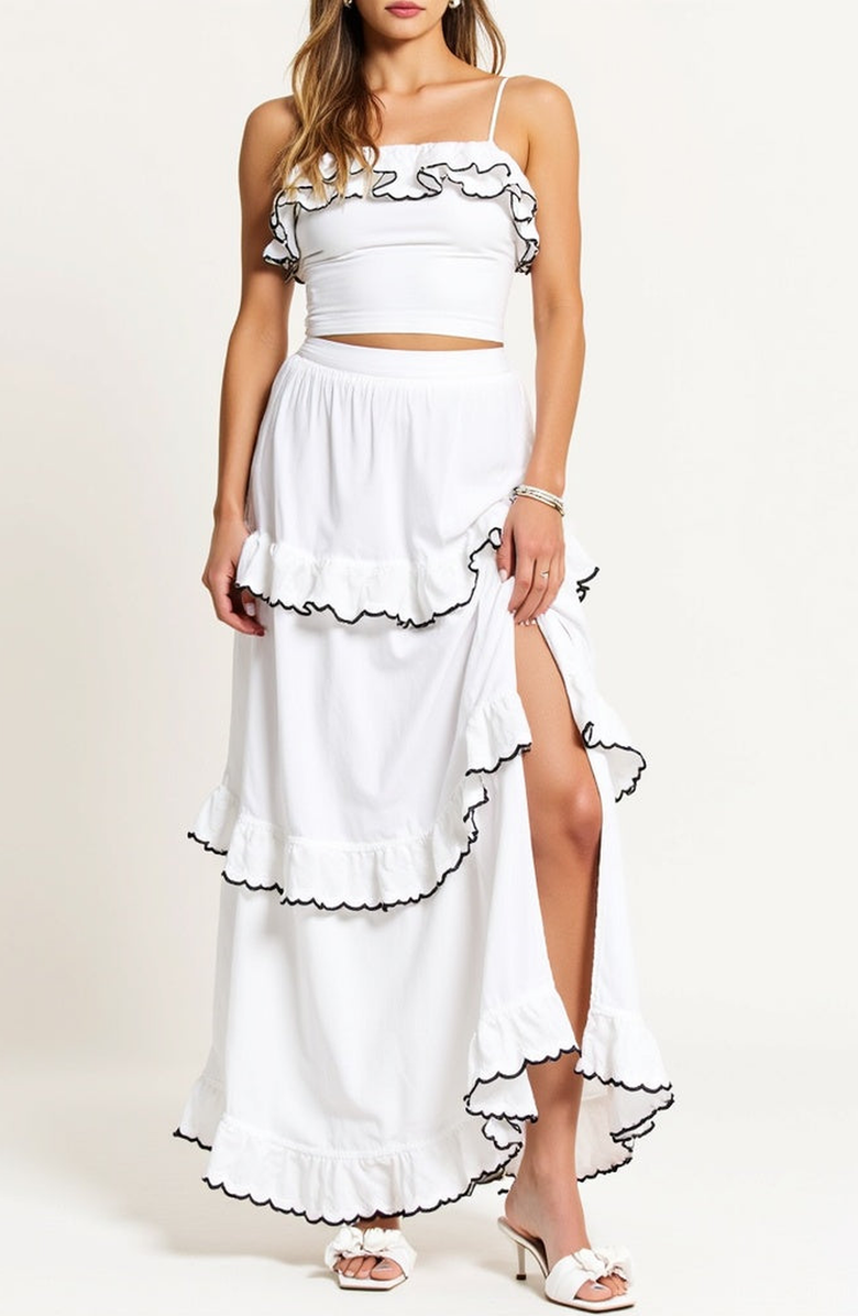 Modenaire Ruffle Trim Cropped Top and High-Slit Maxi Skirt Outfit Set, Alternate, color, White / Black Edging