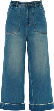 Bayeas High Waist Cuffed Raw Hem Wide Leg Jeans