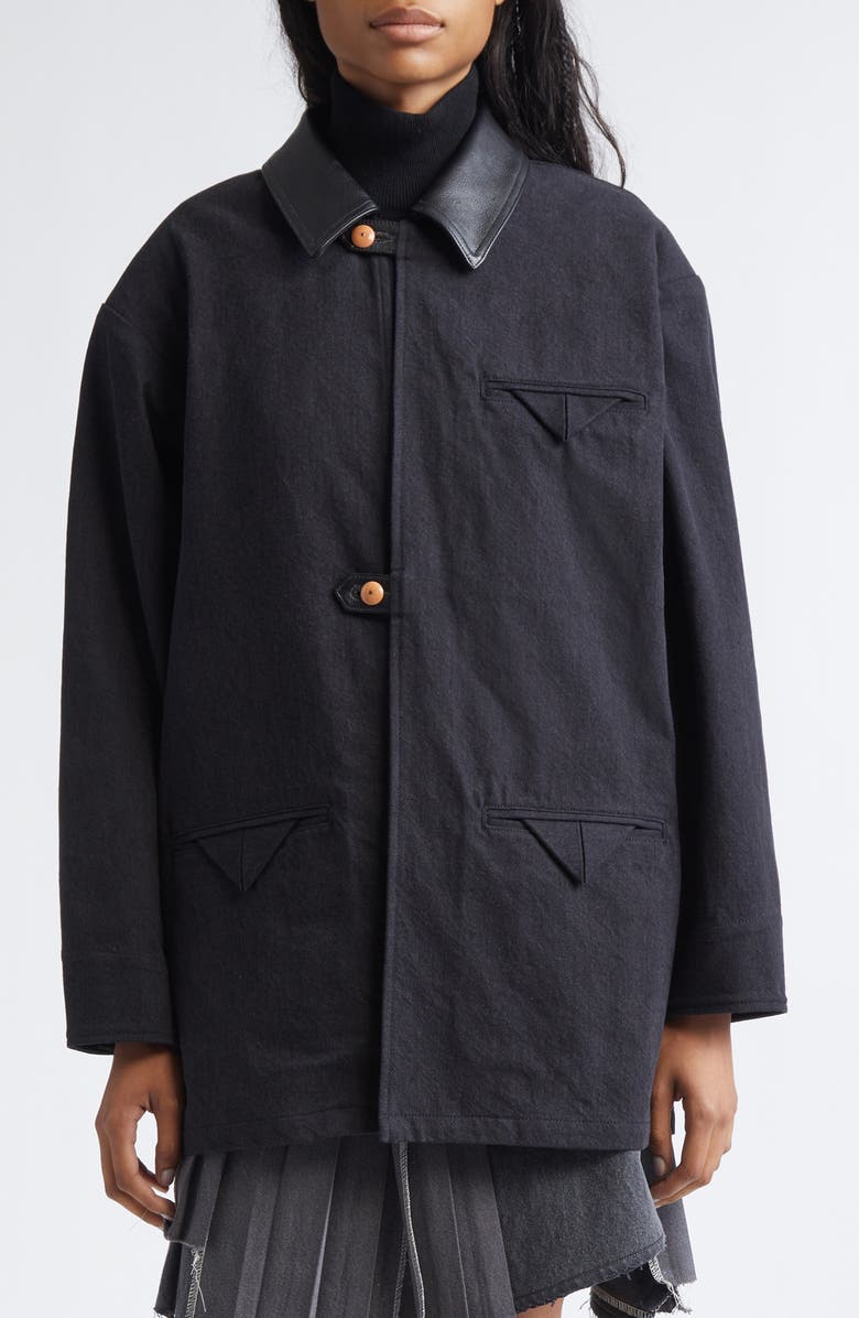 KURO Leather Collar Denim Coat, Main, color, Black