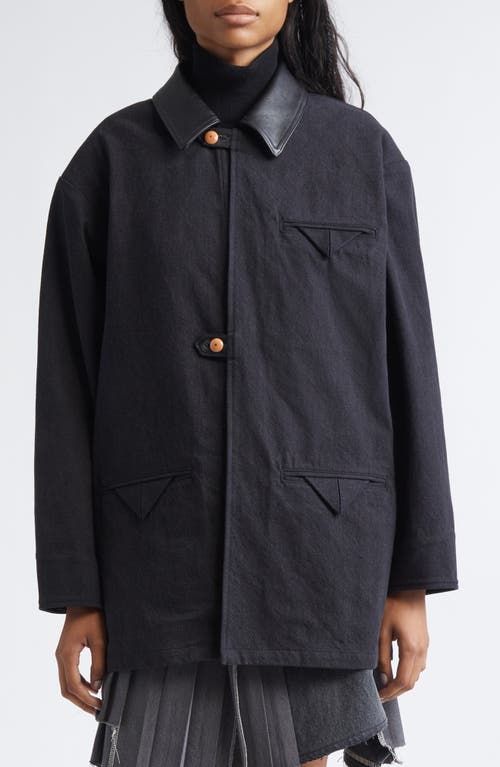 KURO Leather Collar Denim Coat in Black  product