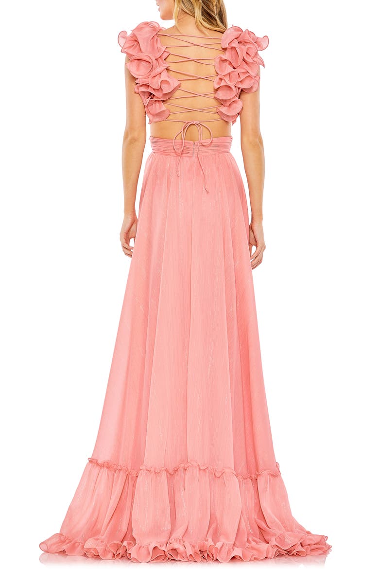 Ruffle Sleeve V Neck A Line Gown, Alternate, color, CORAL