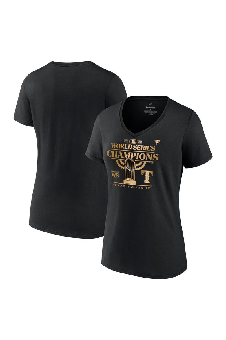 Women's Fanatics Branded Black Texas Rangers 2023 World Series Champions Plus Size Parade V-Neck T-Shirt, Main, color, Black